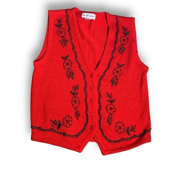 Vintage 90s Embroidered Sweater Vest Red Beaded Dark Floral Printed Knit Vneck - Picture 1 of 9